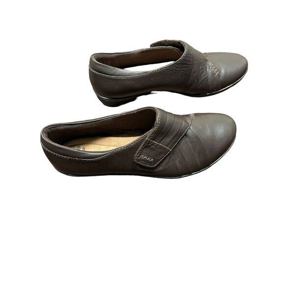CLARKS Collection‎ Dark Brown Leather US Womens 8 Wrap Loafer Wedge Shoes - Picture 1 of 8